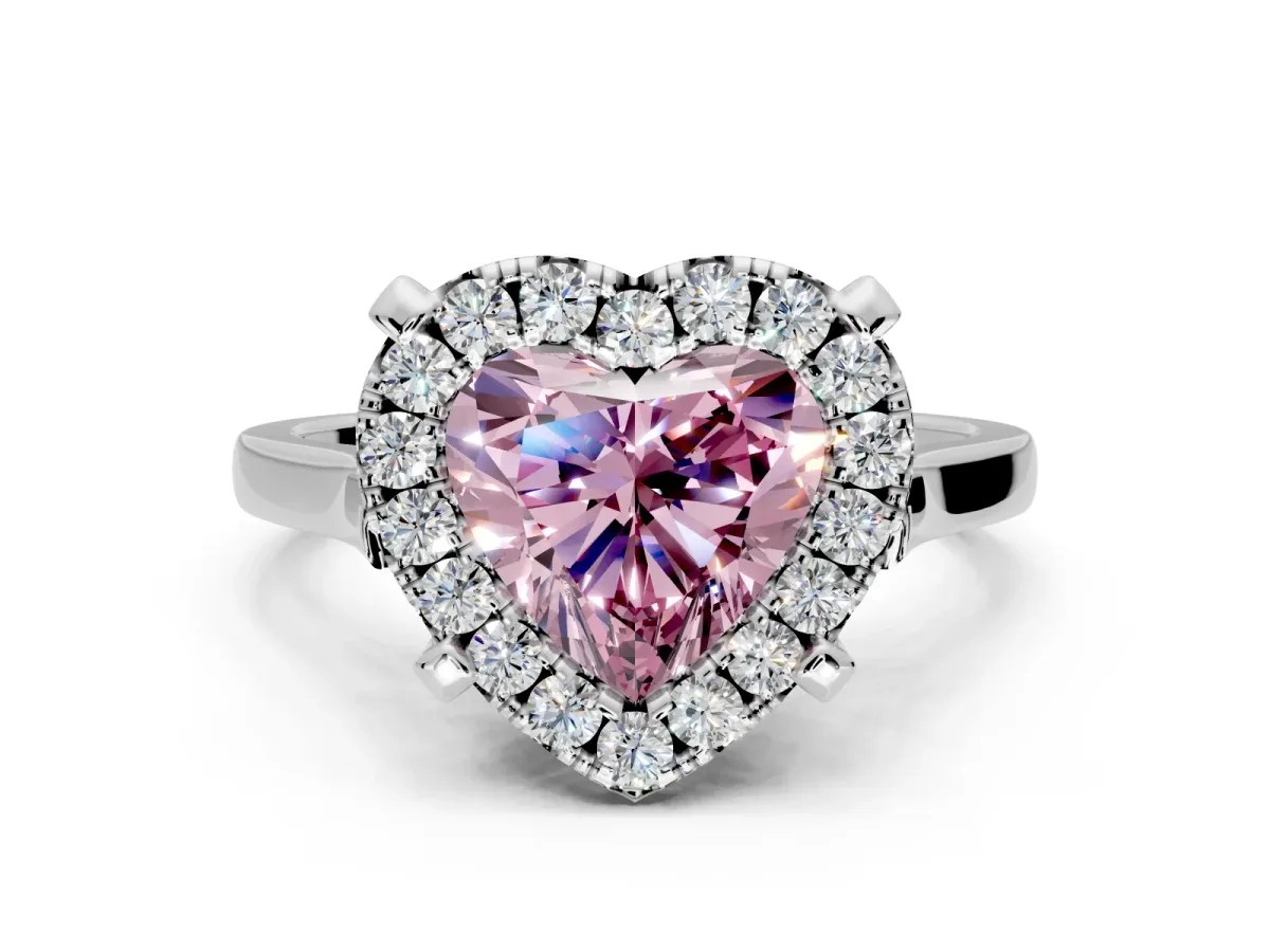 Single Halo Engagement Ring Setting for Fancy Pink Heart-Shaped Center with Corner Claws, Plain Band and Prong Head in Sterling Silver