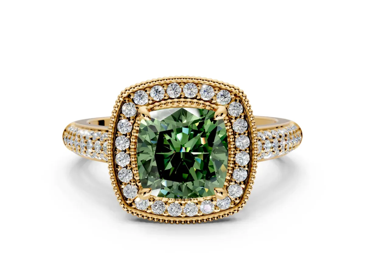 Milgrain Halo Engagement Ring Setting for Fancy Green Cushion Cut Center with Three-Sided Pave Band and Prong Head in Yellow Gold