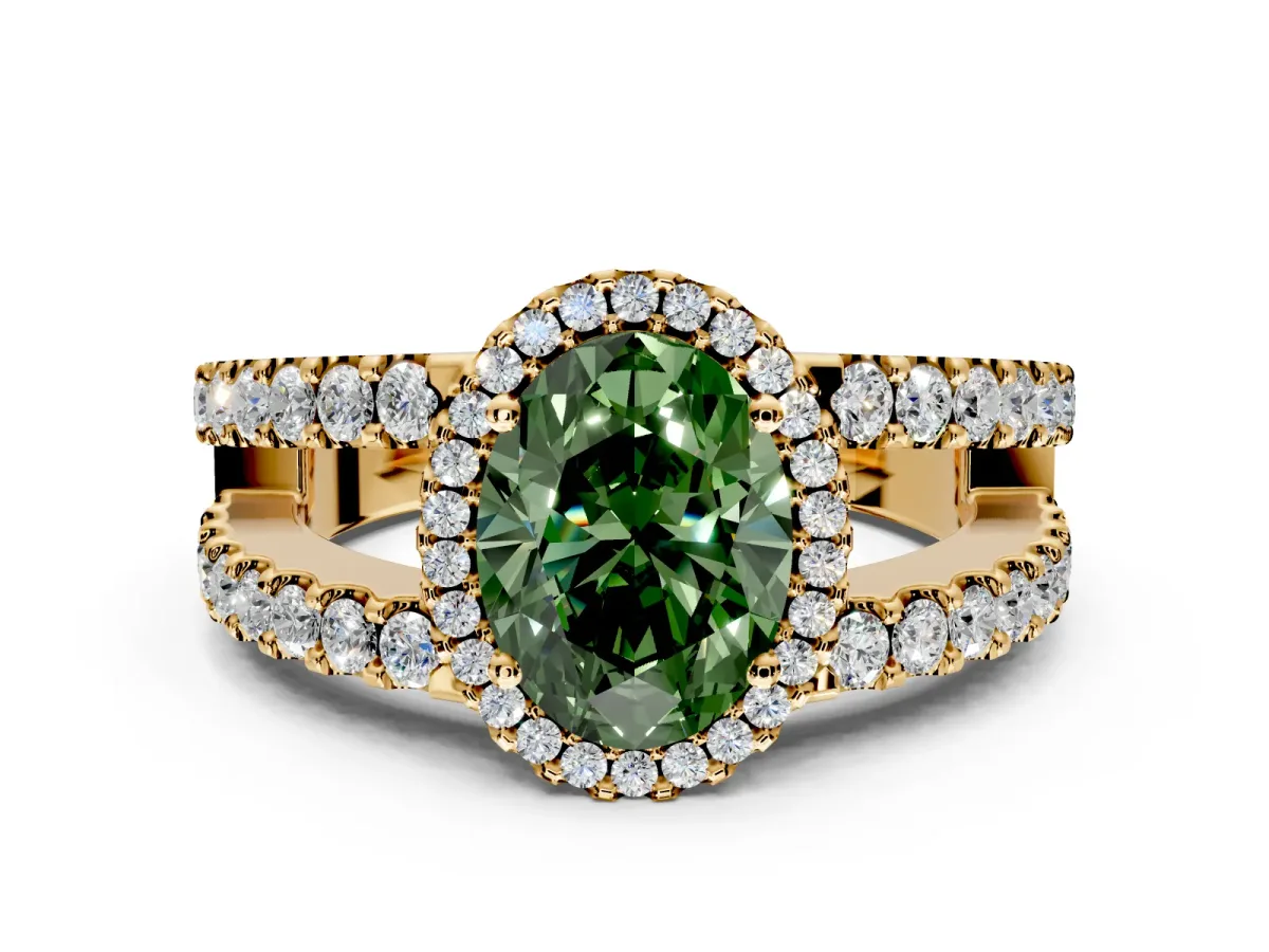 Halo Engagement Ring Setting for Fancy Green Oval Center with Wide-Open Pave Split Shank and Prong Head in Yellow Gold