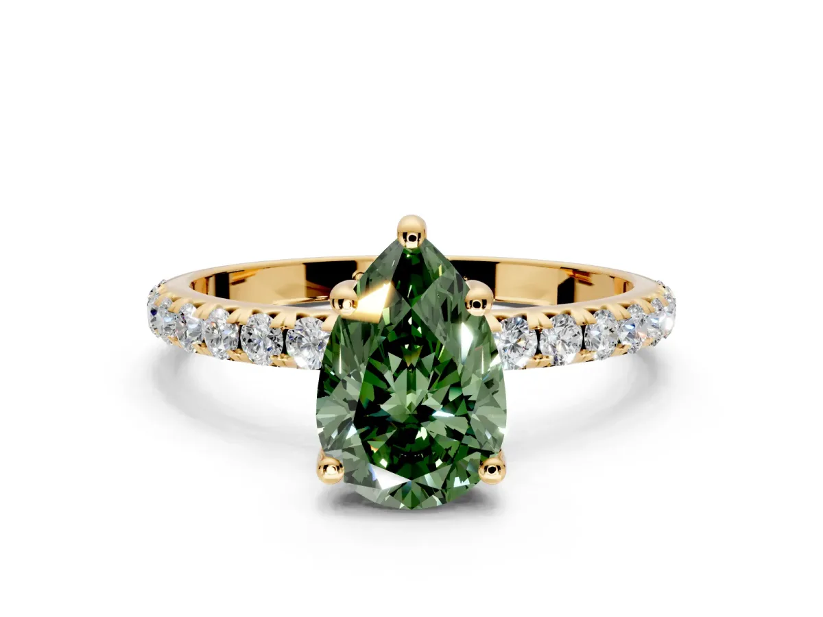 Solitaire Engagement Ring Setting for Fancy Green Pear-Shaped Center with Micro Pave Band and Prong Head in Yellow Gold