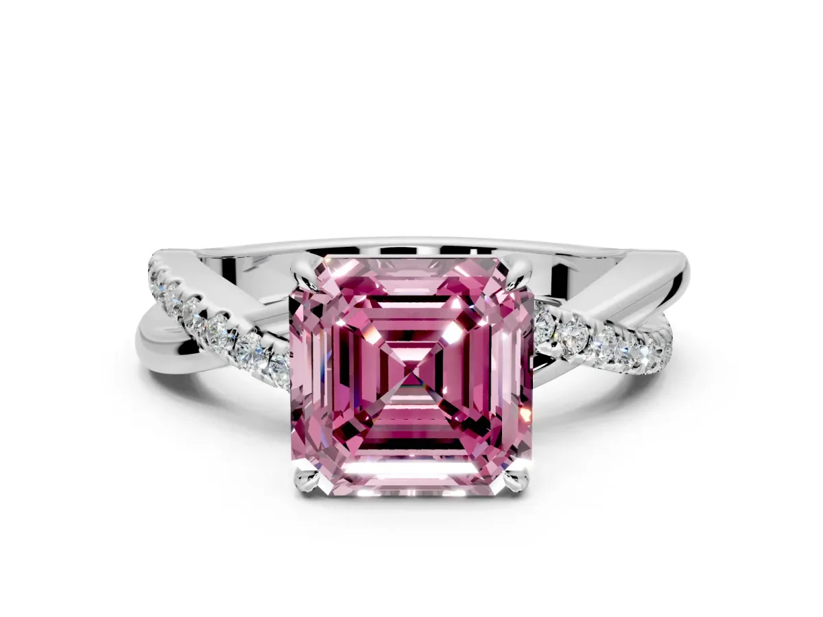 Crossover Engagement Ring Setting for Fancy Pink Asscher Cut Center with Pave and Plain Strands and Prong Head in White Gold