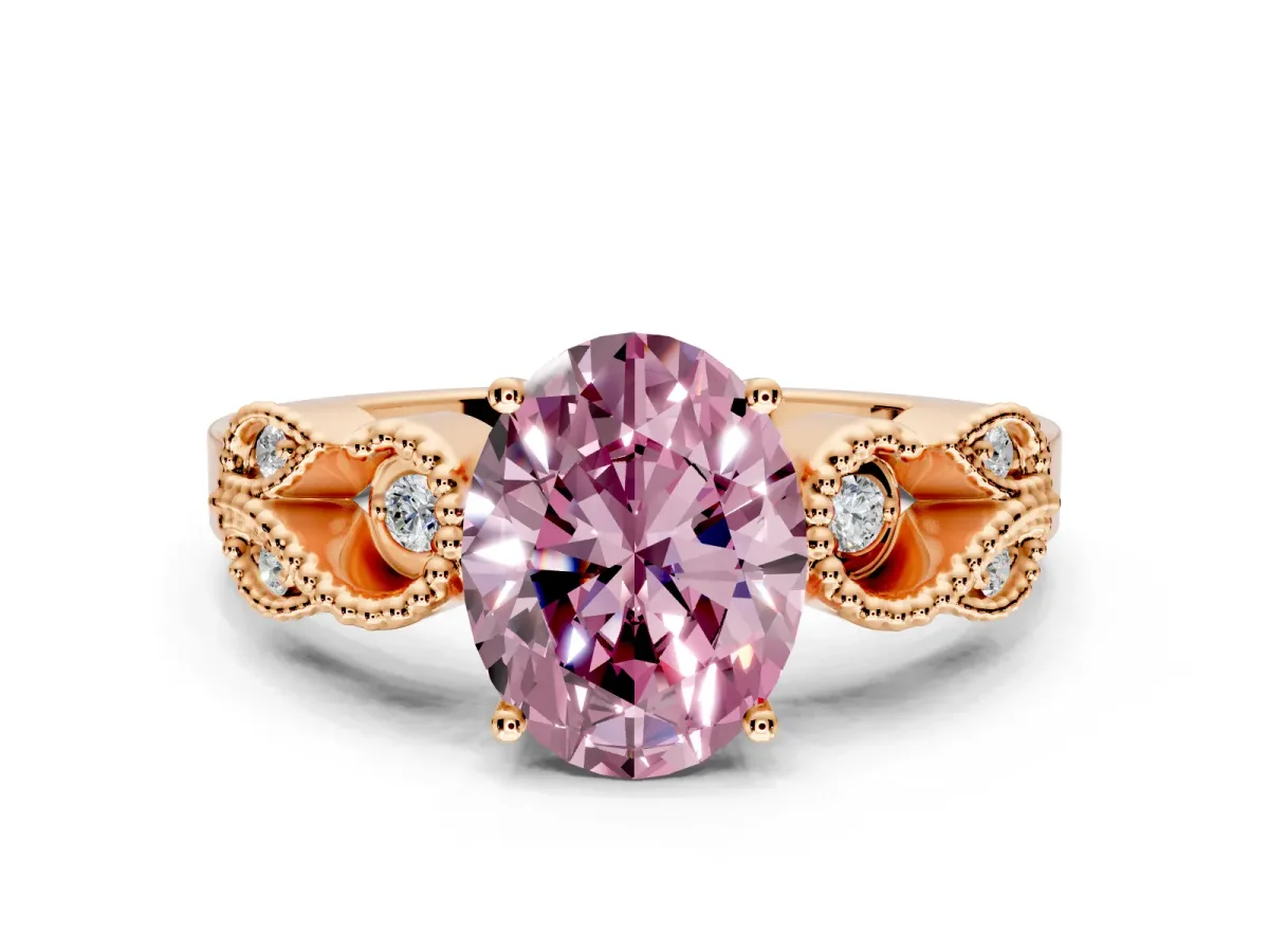 Leaf Engagement Ring Setting for Fancy Pink Oval Center with Milgrain Accent Band and Prong Head in Rose Gold