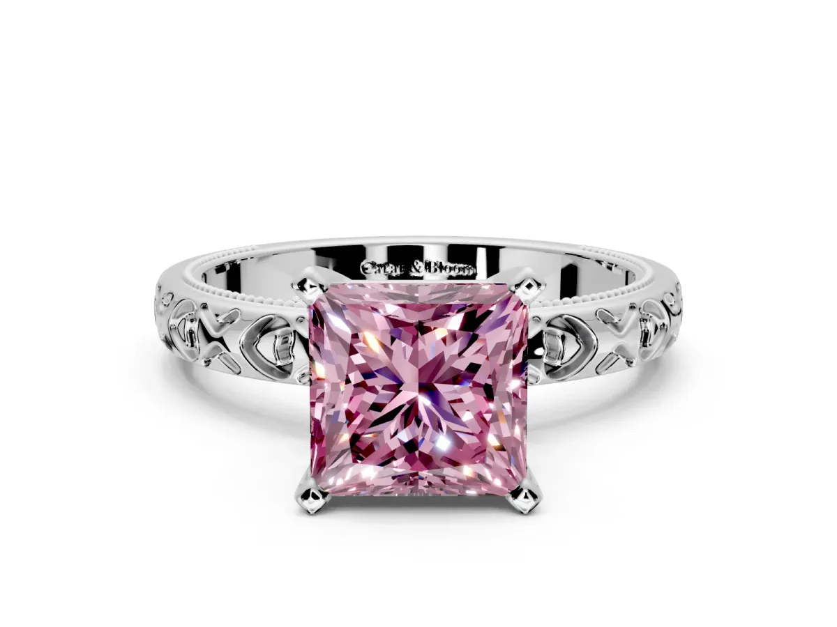Solitaire Engagement Ring Setting for Fancy Pink Princess Cut Center with XO Engraved Band and Prong Head in Sterling Silver