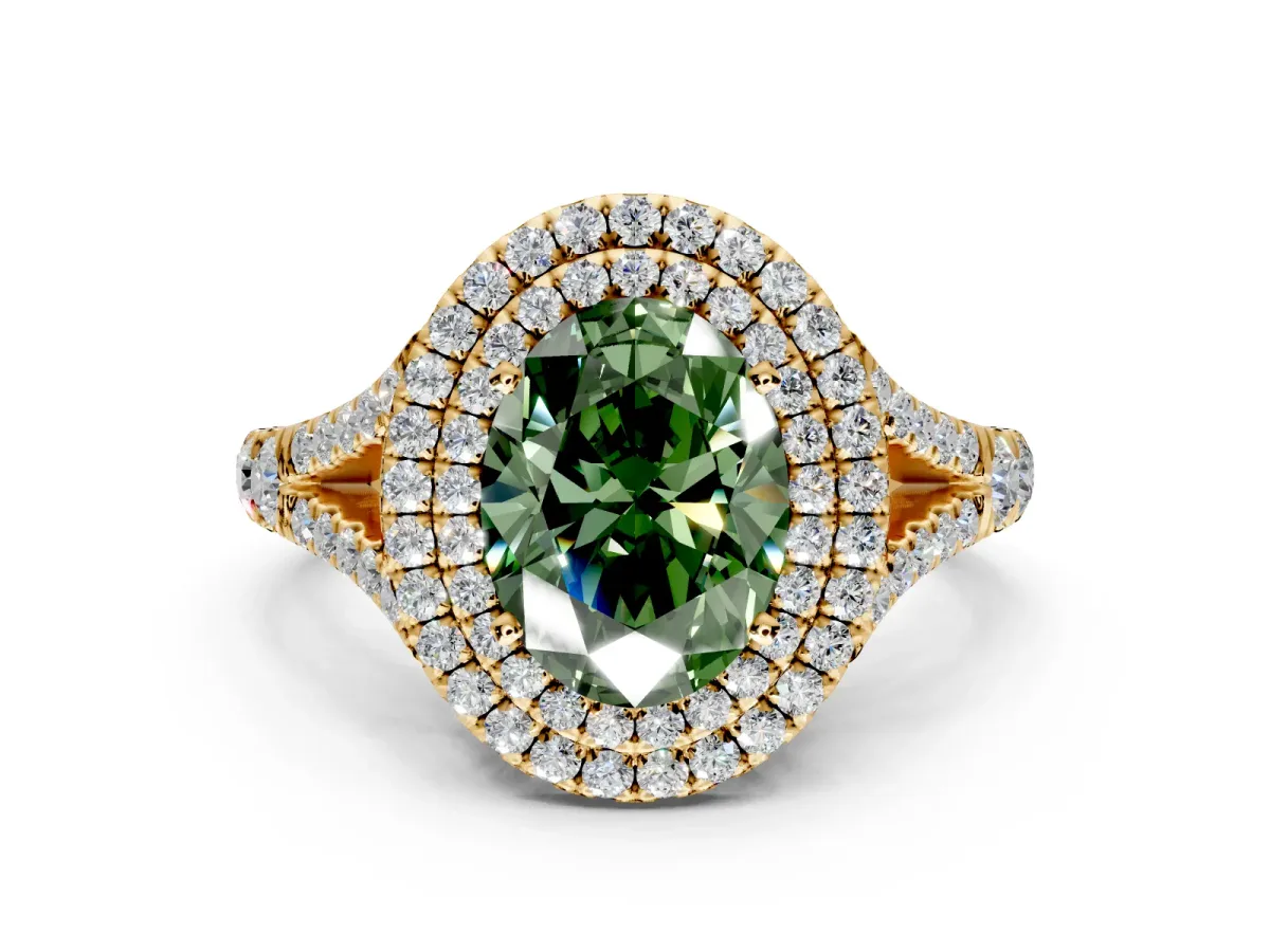 Double Halo Engagement Ring Setting for Fancy Green Oval Center with Narrow Pave Split Shank and Prong Head in Yellow Gold
