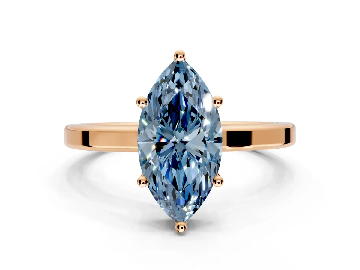 Hidden Halo Engagement Ring Setting for Fancy Blue Marquise Center with Wide Flat Plain Band and Prong Head in Rose Gold