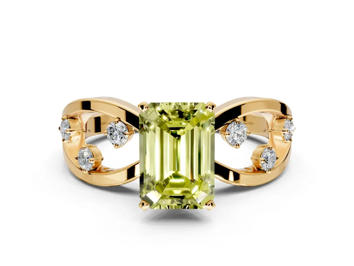 Solitaire Engagement Ring Setting for Fancy Yellow Emerald Cut Center with Criss-Cross Accent Band and Prong Head in Yellow Gold