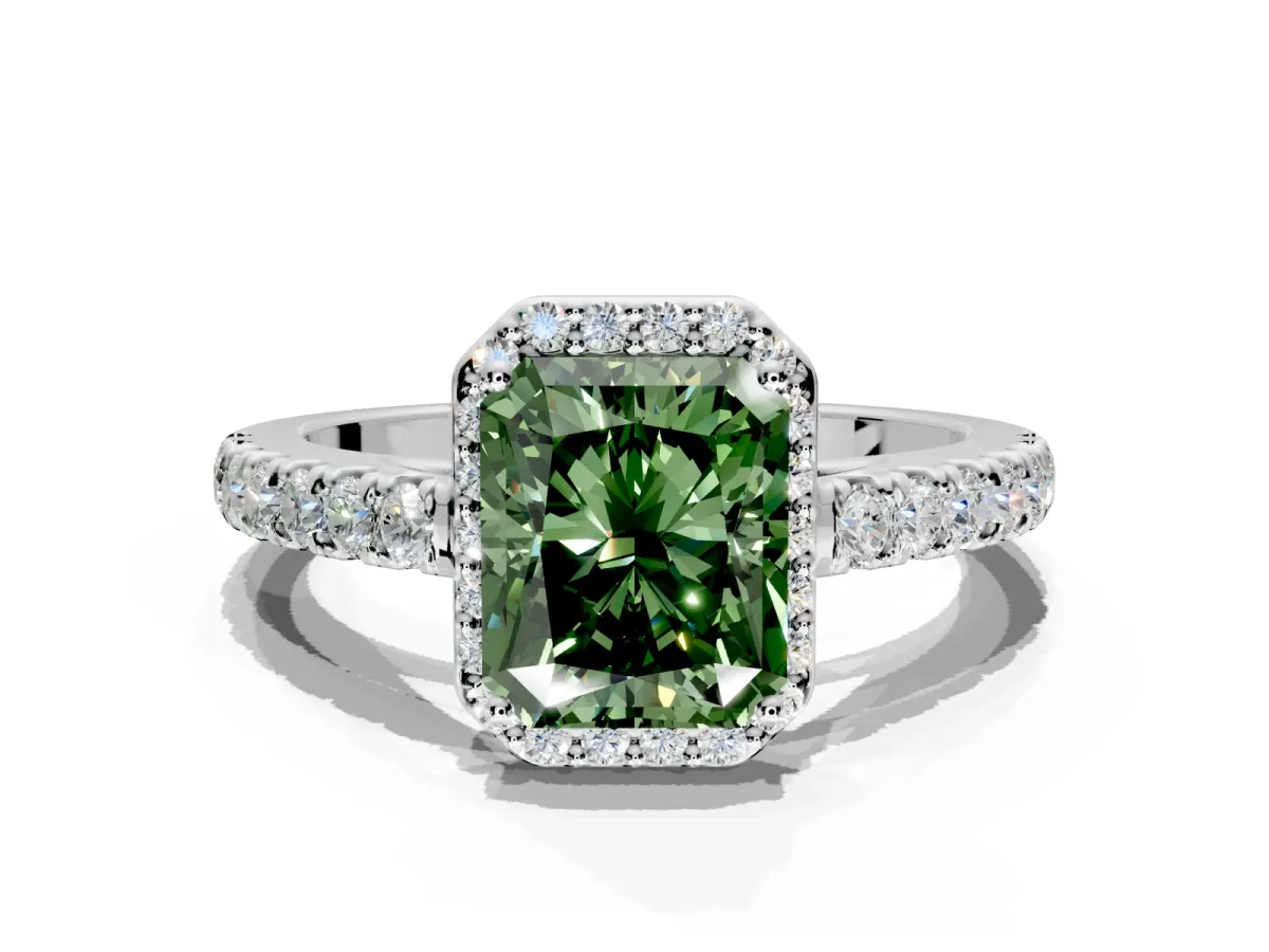 Halo Engagement Ring Setting for Fancy Green Radiant Cut Center with Full Pave Band and Prong Head in Platinum