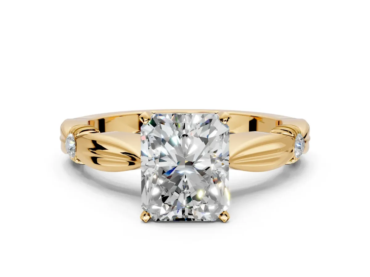 Solitaire Engagement Ring Setting for Radiant Cut Center with Carved Leaf Shoulders and Prong Head in Yellow Gold