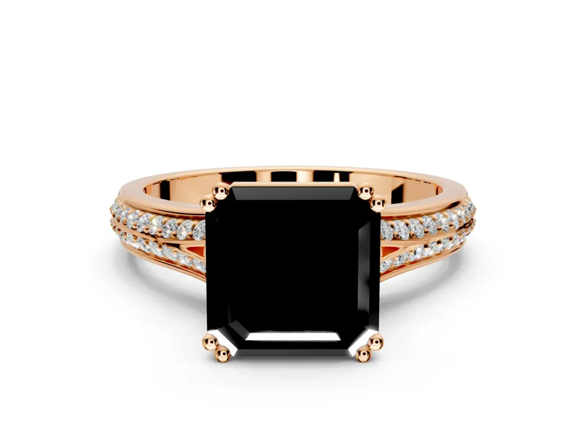 Solitaire Engagement Ring Setting for Fancy Black Asscher Cut Center with Pave Rail Split Shank and Prong Head in Rose Gold