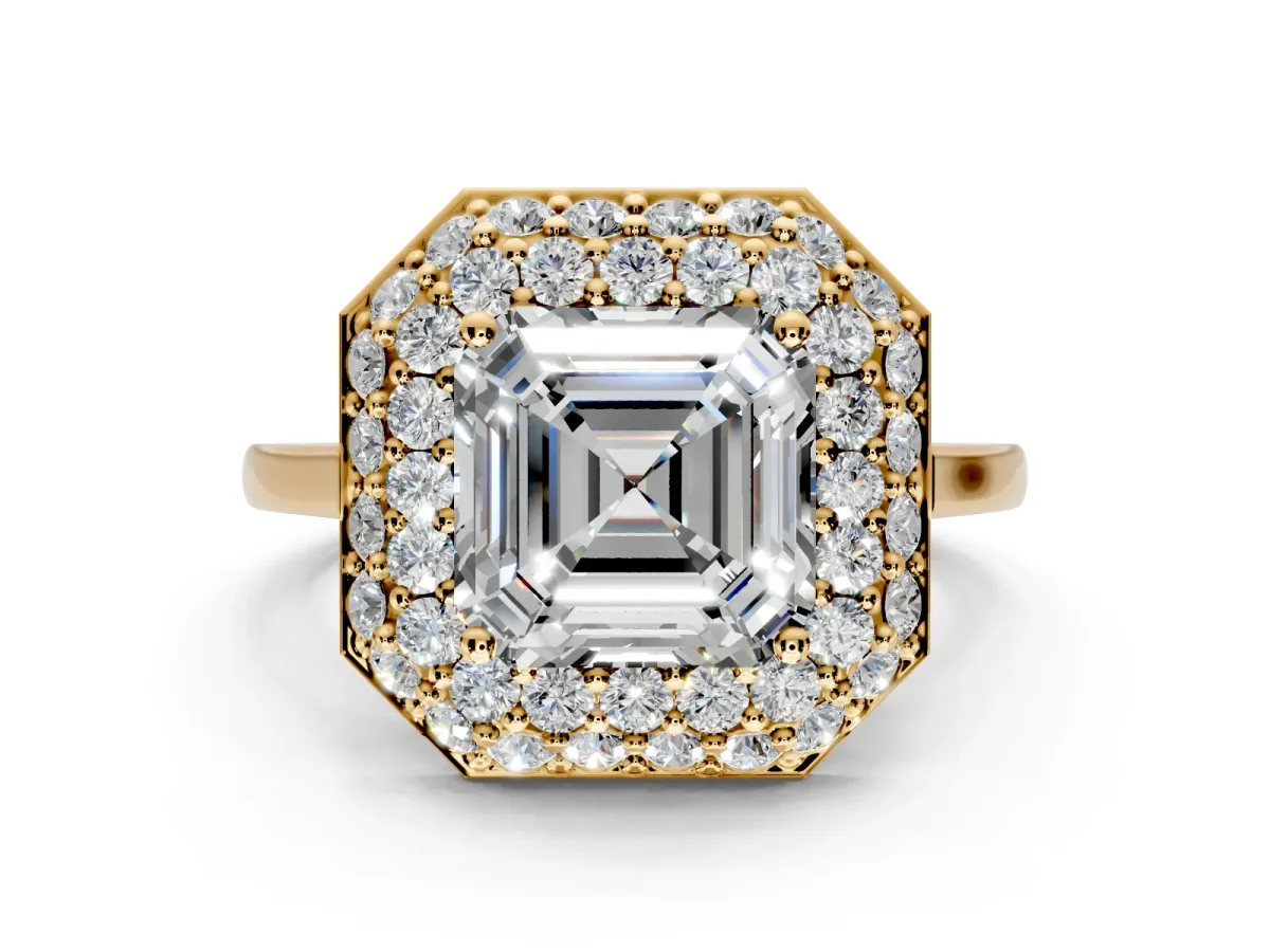Halo Engagement Ring Setting for Asscher Cut Center with Plain Tapered Band and Prong Head in Yellow Gold