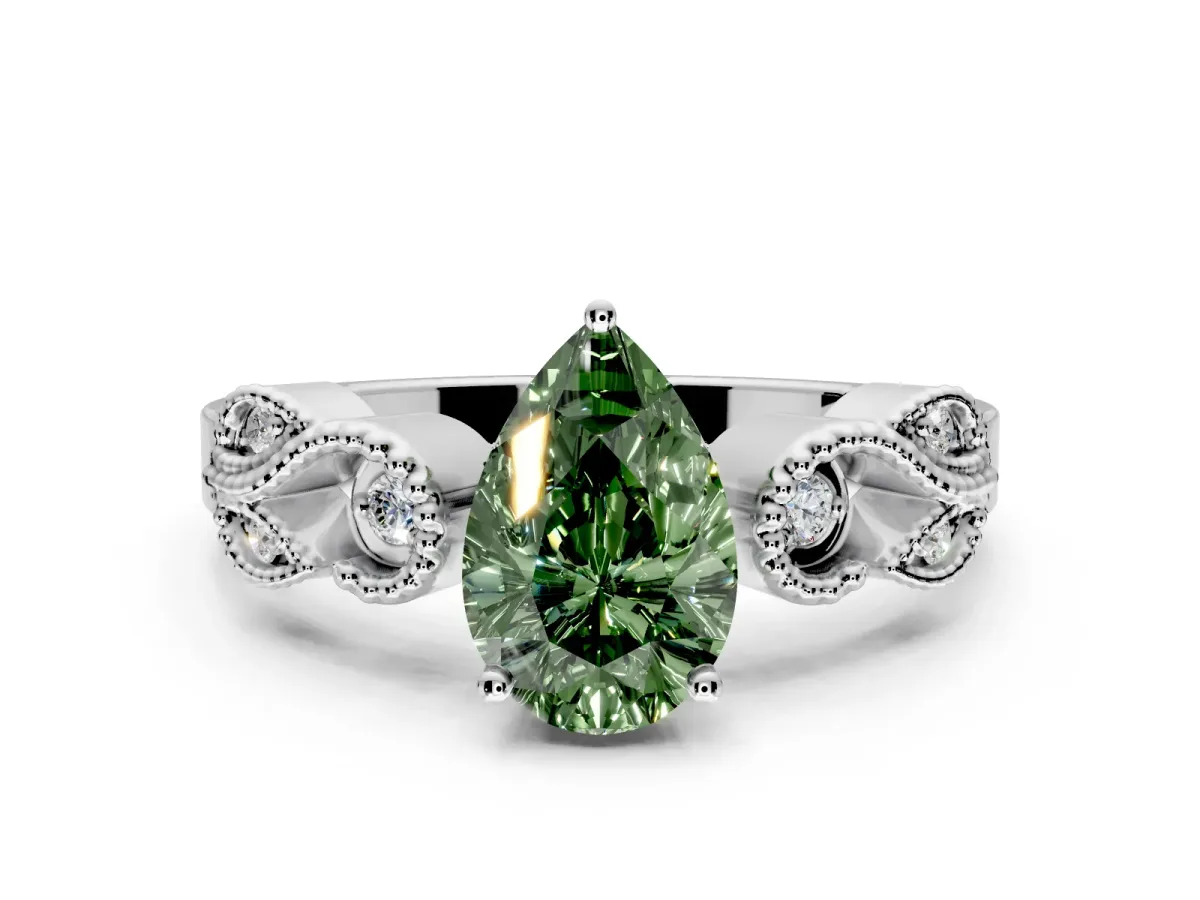 Leaf Engagement Ring Setting for Fancy Green Pear-Shaped Center with Milgrain Accent Band and Prong Head in White Gold