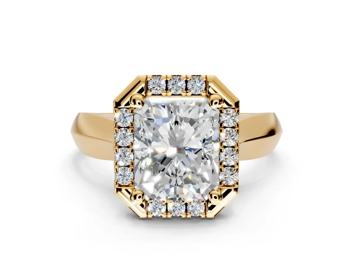 Halo Engagement Ring Setting for Radiant Cut Center with Square Band and Prong Head in Yellow Gold