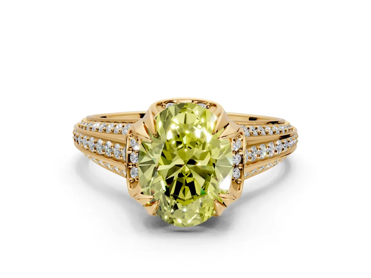 Solitaire Engagement Ring Setting for Fancy Yellow Oval Center with Accented Split Shank and Prong Head in Yellow Gold