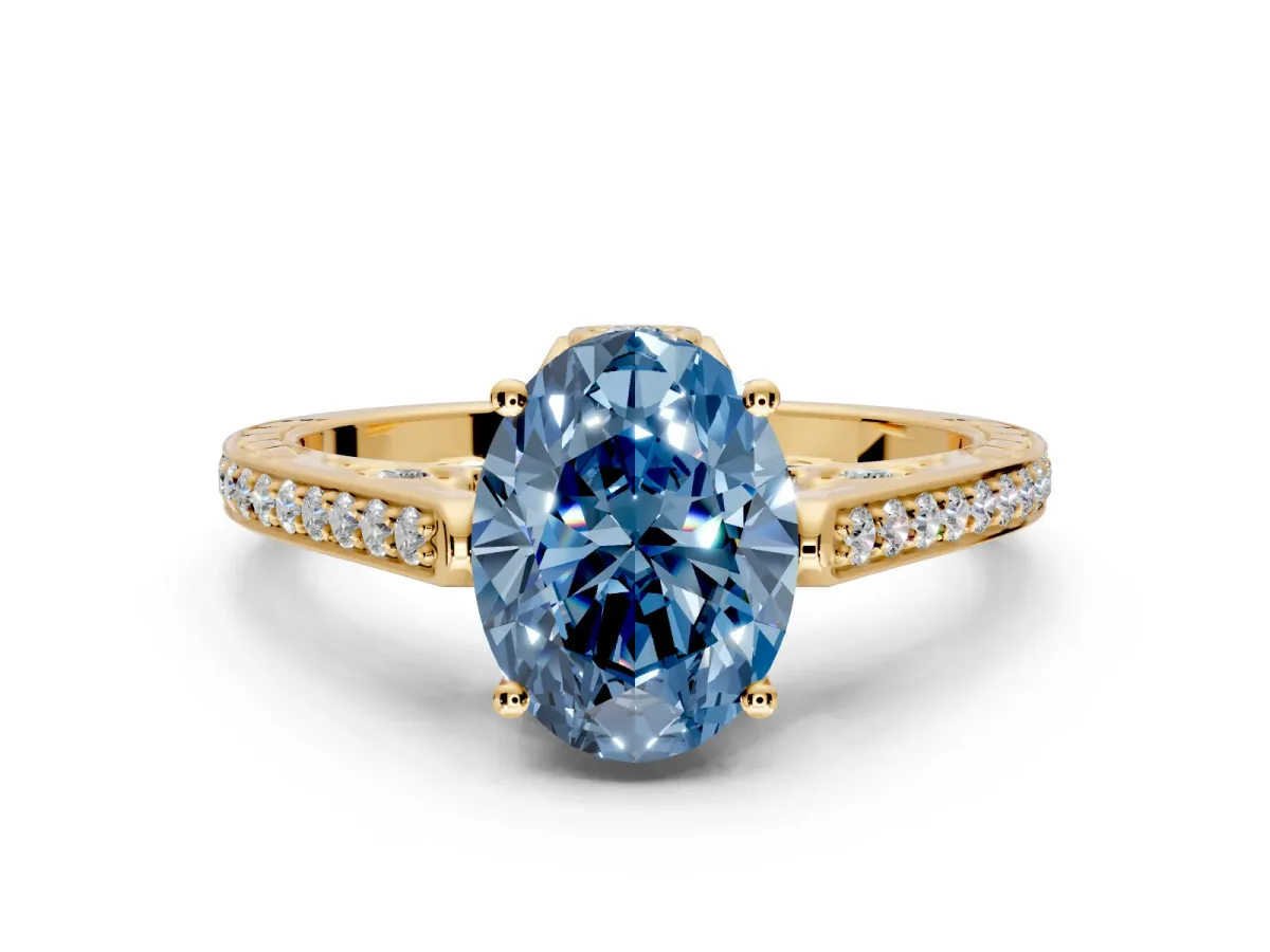 Cathedral Engagement Ring Setting for Fancy Blue Oval Center with Antique-Style Pave Band and Prong Head in Yellow Gold