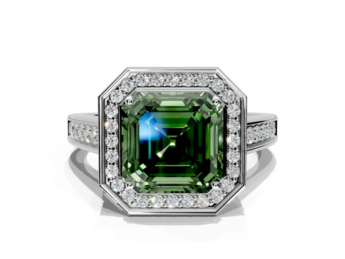 Halo Engagement Ring Setting for Fancy Green Asscher Cut Center with Outer Bezel Rim, Pave Band and Prong Head in Platinum