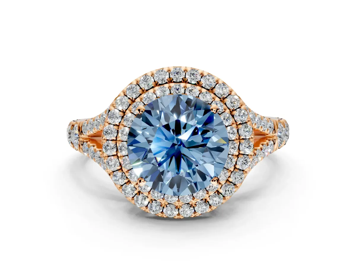 Double Halo Engagement Ring Setting for Fancy Blue Round Cut Center with Narrow Pave Split Shank and Prong Head in Rose Gold