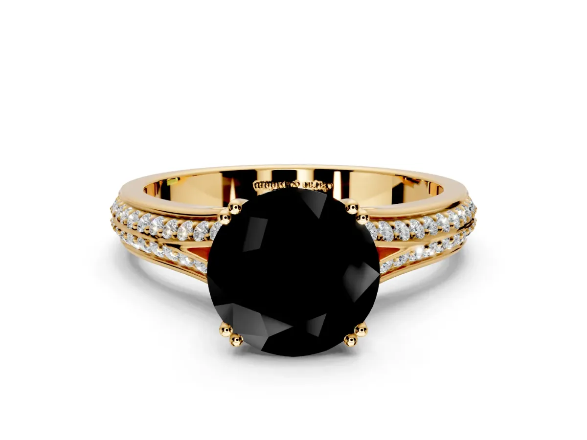 Solitaire Engagement Ring Setting for Fancy Black Round Cut Center with Pave Rail Split Shank and Prong Head in Yellow Gold