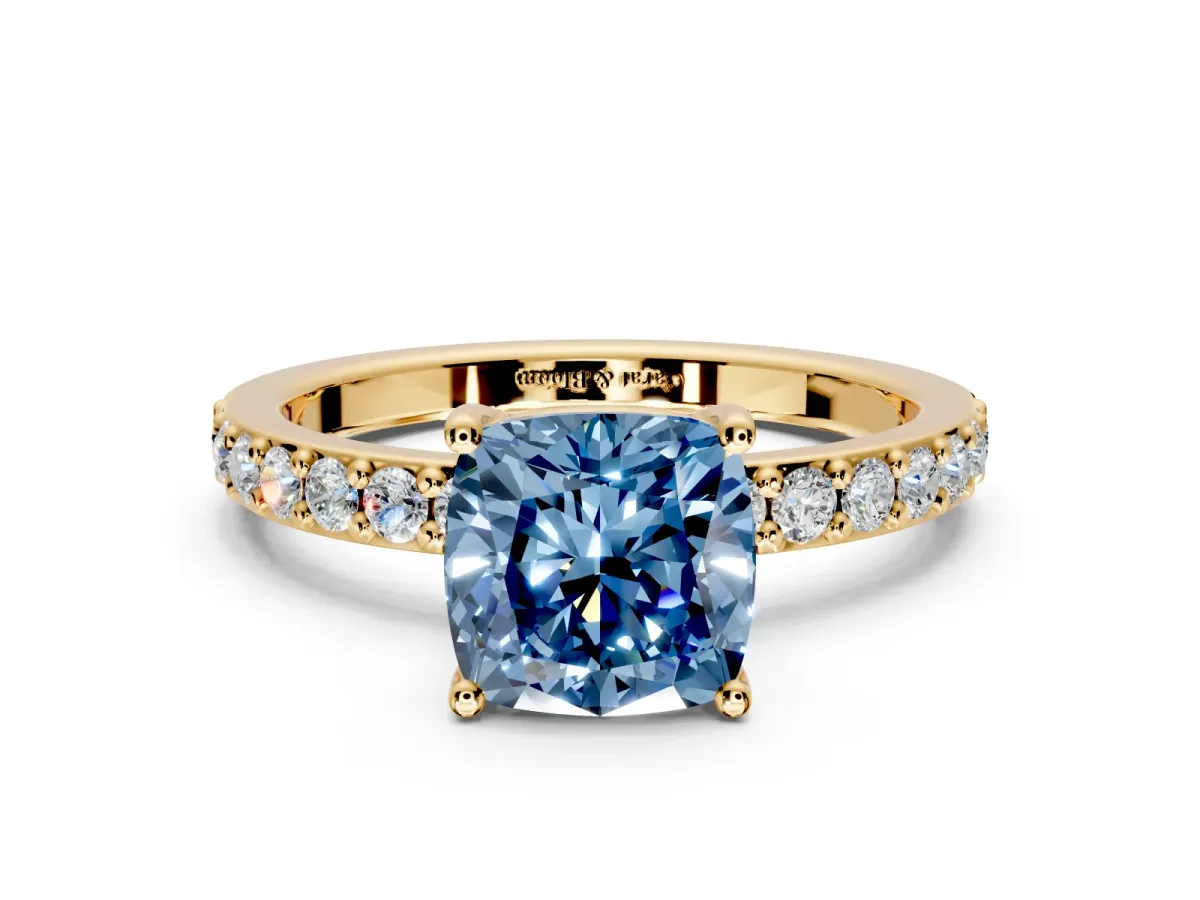 Solitaire Engagement Ring Setting for Fancy Blue Cushion Cut Center with Round Cut Pave Band and Prong Head in Yellow Gold