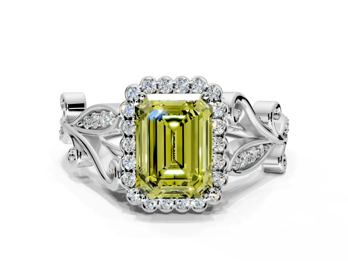 Halo Engagement Ring Setting for Fancy Yellow Emerald Cut Center with Leaf Motif Split Shank and Prong Head in Platinum