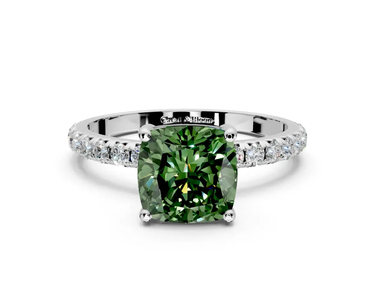 Solitaire Engagement Ring Setting for Fancy Green Cushion Cut Center with Micro Pave Band and Prong Head in Sterling Silver