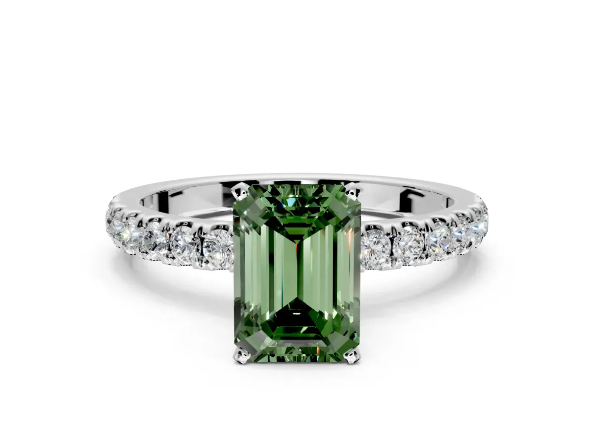 Open Basket Engagement Ring Setting for Fancy Green Emerald Cut Center with Pave Band and Prong Head in White Gold