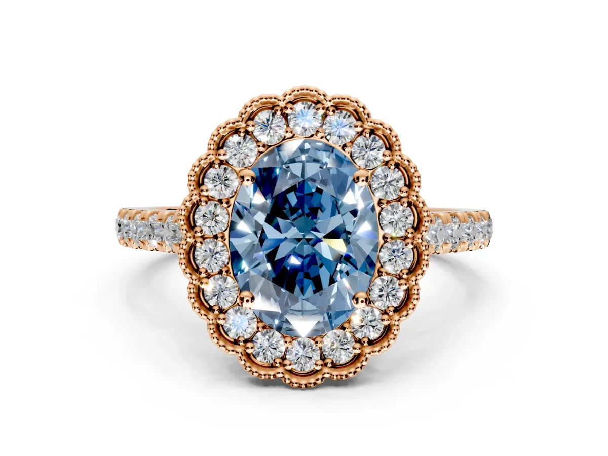 Milgrain Floral Halo Engagement Ring Setting for Fancy Blue Oval Center with Pave Band and Prong Head in Rose Gold