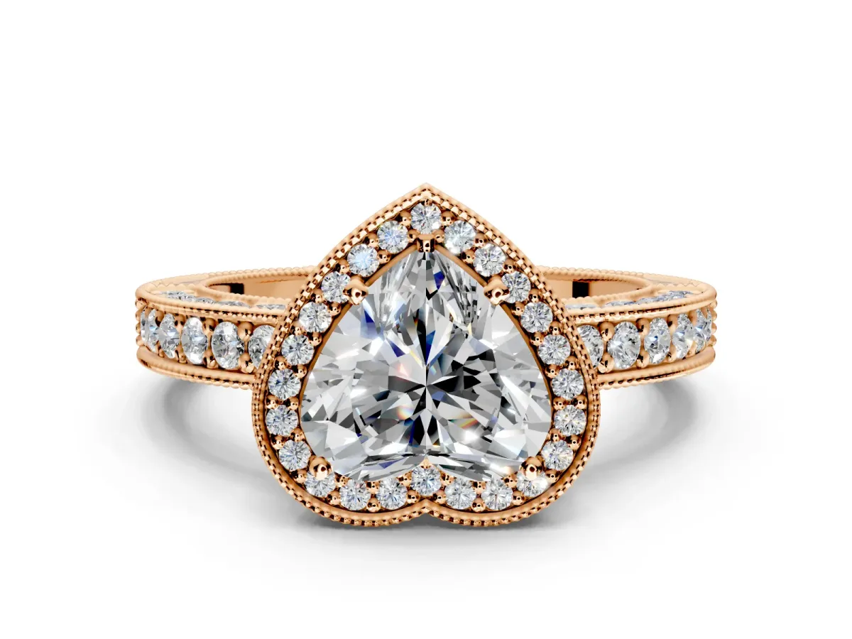 Milgrain Halo Engagement Ring Setting for Heart-Shaped Center with Wide Pave Band and Prong Head in Rose Gold