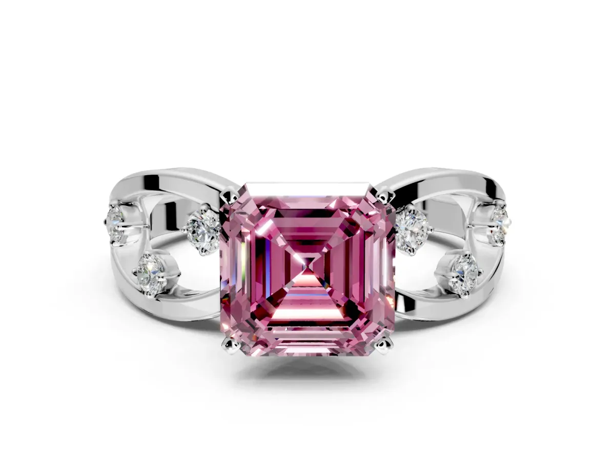 Solitaire Engagement Ring Setting for Fancy Pink Asscher Cut Center with Criss-Cross Accent Band and Prong Head in Platinum