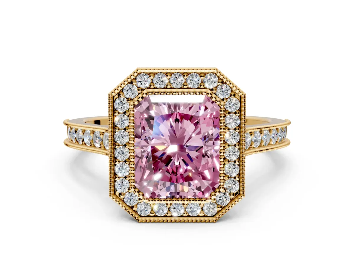 Halo Engagement Ring Setting for Fancy Pink Radiant Cut Center with Milgrain Pave Band and Bezel Head in Yellow Gold