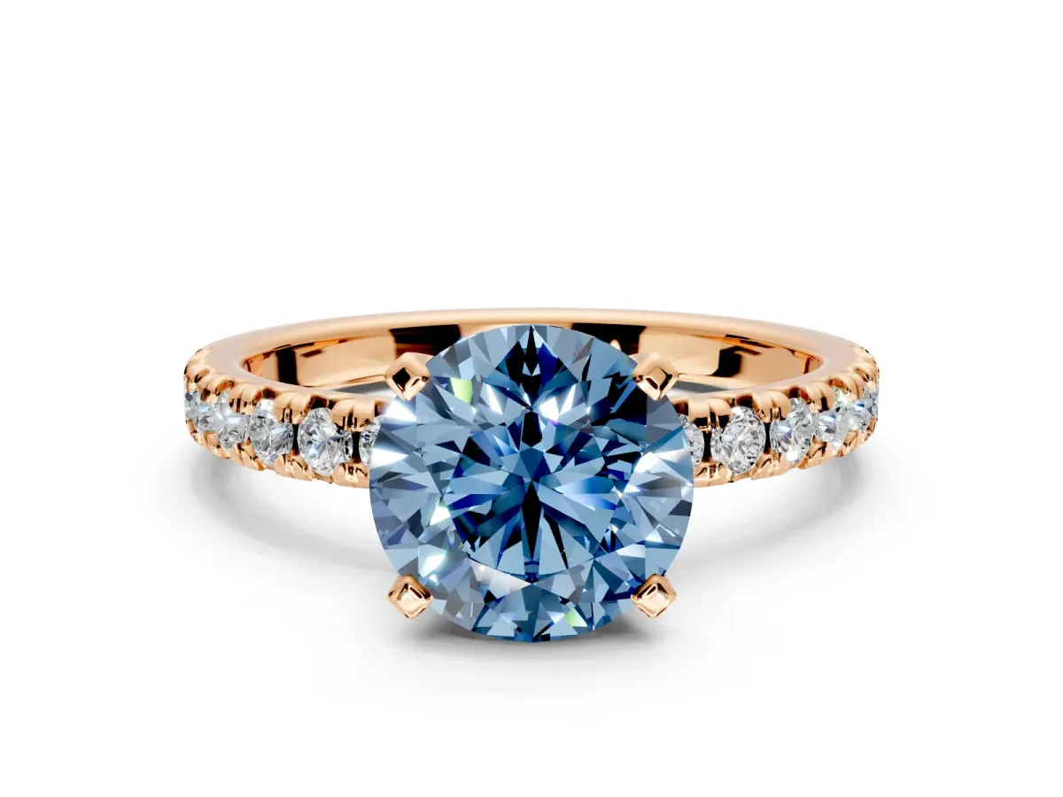Solitaire Engagement Ring Setting for Fancy Blue Round Cut Center with Large Accents and Prong Head in Rose Gold