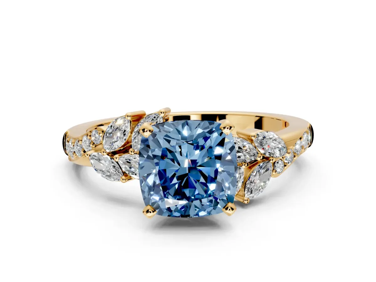 Solitaire Engagement Ring Setting for Fancy Blue Cushion Cut Center with Marquise Accent Twist Band and Prong Head in Yellow Gold