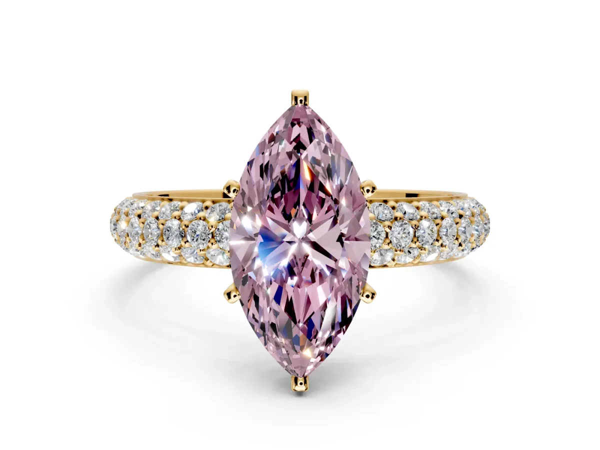 Solitaire Engagement Ring Setting for Fancy Pink Marquise Center with Domed Multi-Row Pave Band and Prong Head in Yellow Gold