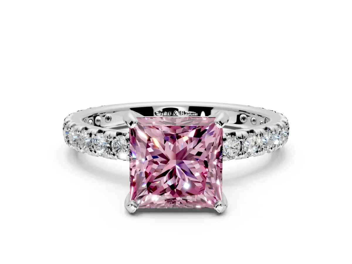 Solitaire Engagement Ring Setting for Fancy Pink Princess Cut Center with Shared-Prong Accents and Prong Head in Platinum