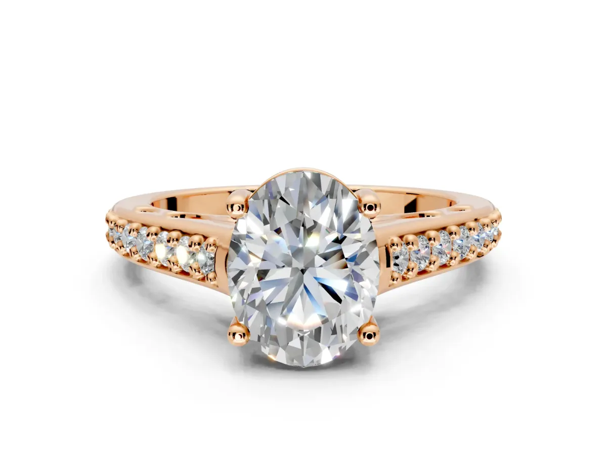 Solitaire Engagement Ring Setting for Oval Center with Pave Cathedral Band and Prong Head in Rose Gold