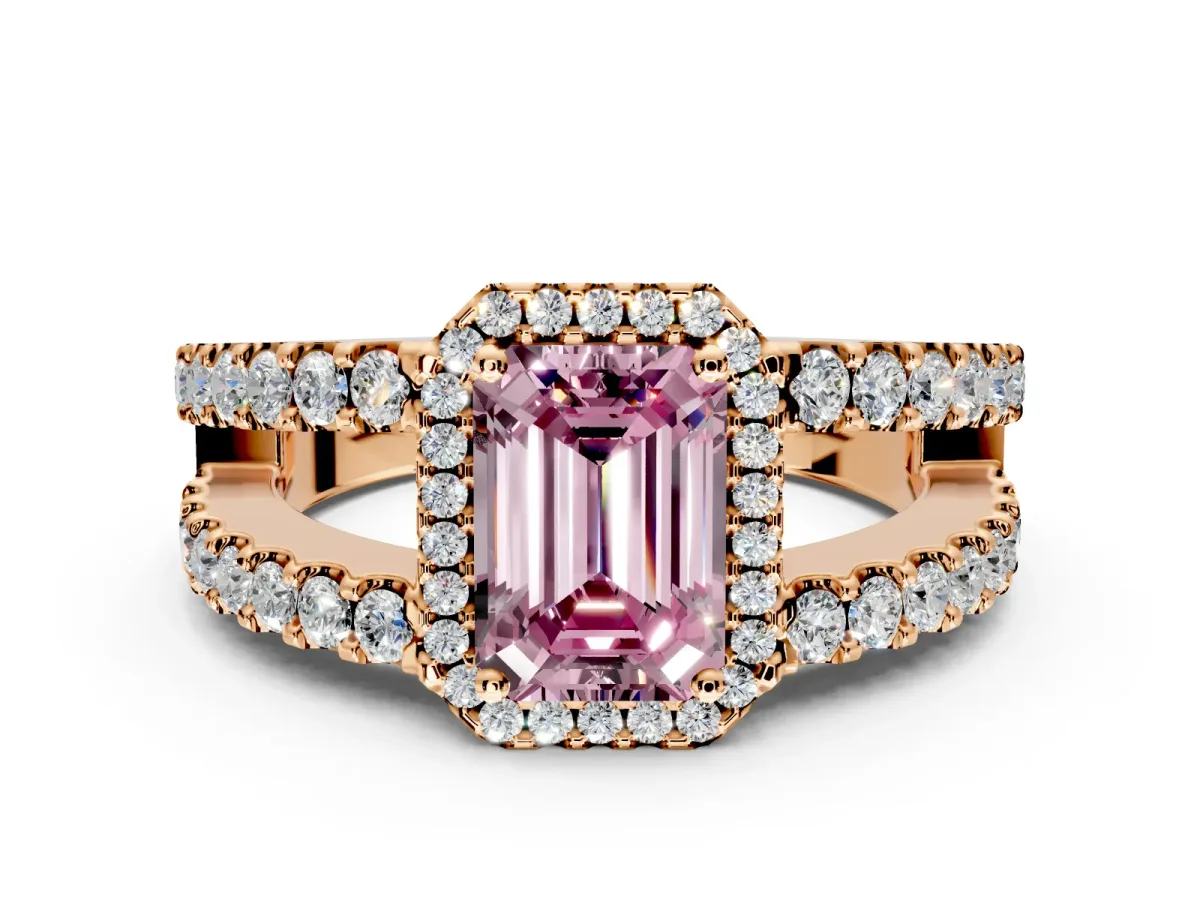 Halo Engagement Ring Setting for Fancy Pink Emerald Cut Center with Wide-Open Pave Split Shank and Prong Head in Rose Gold