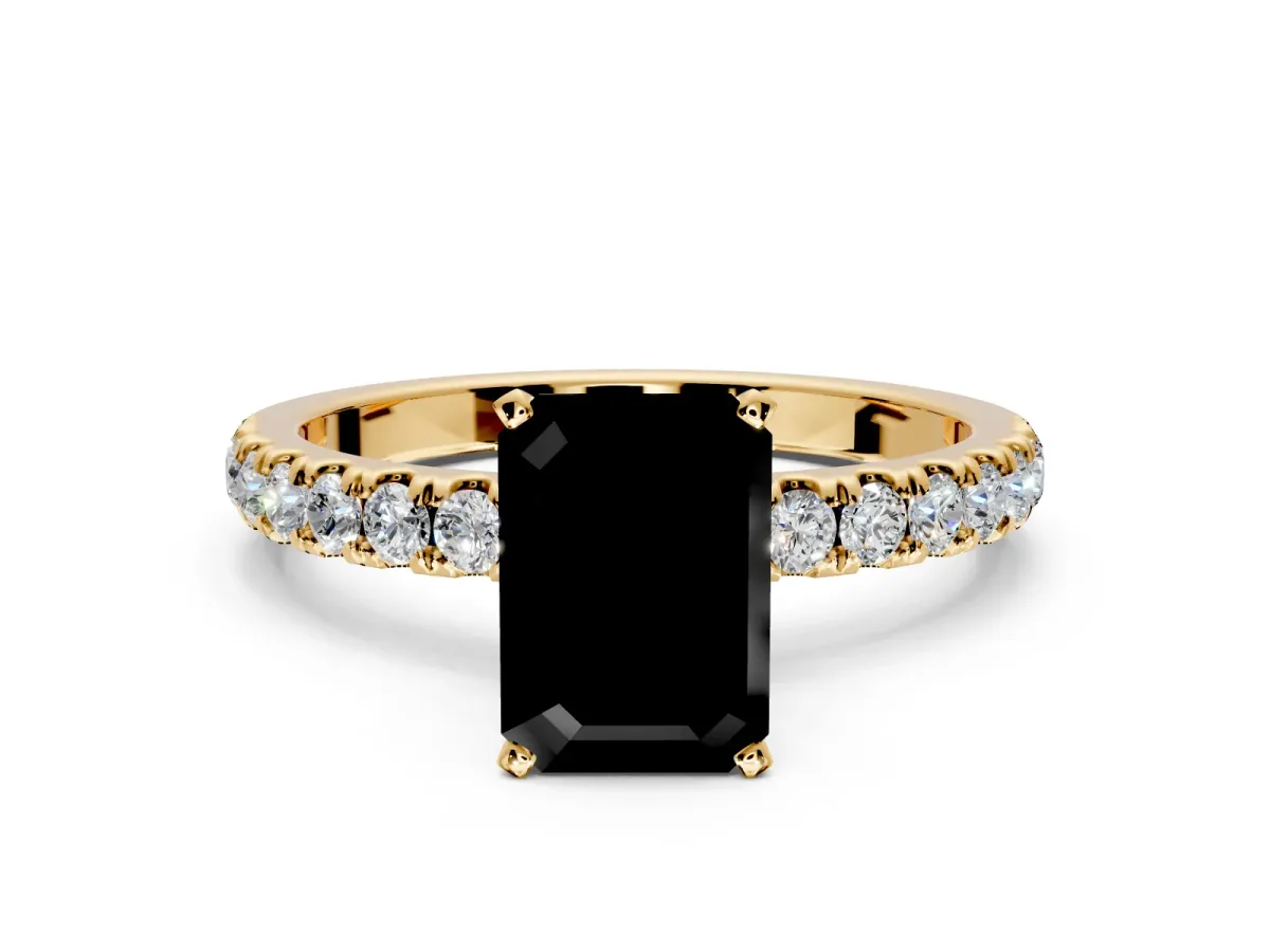 Open Basket Engagement Ring Setting for Fancy Black Emerald Cut Center with Pave Band and Prong Head in Yellow Gold