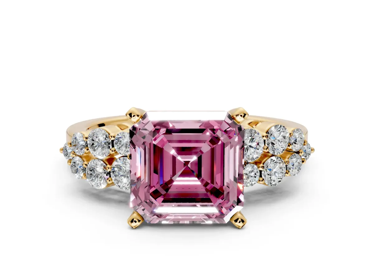 Cluster Engagement Ring Setting for Fancy Pink Asscher Cut Center with 2-Row Shoulder Clusters and Prong Head in Yellow Gold