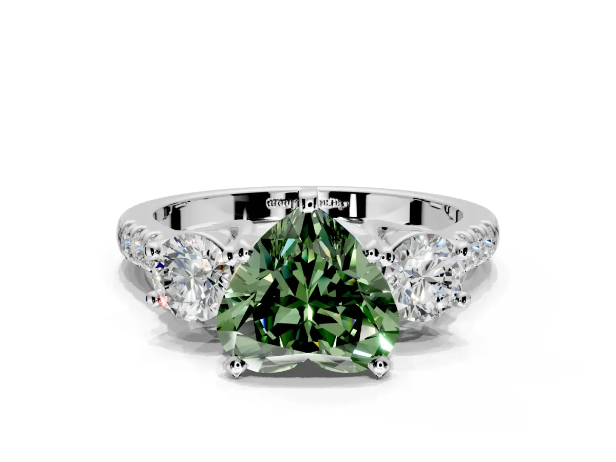 3 Stone Engagement Ring Setting for Fancy Green Heart-Shaped Center with Crossover Basket, Pave Band and Prong Head in White Gold