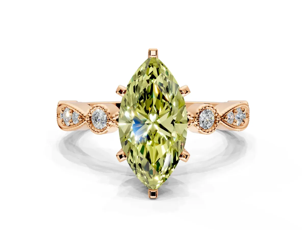 Solitaire Engagement Ring Setting for Fancy Yellow Marquise Center with Milgrain Bezel Accents and Prong Head in Rose Gold