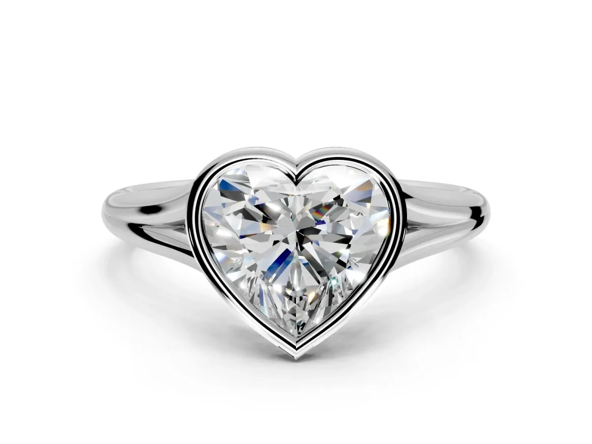 Solitaire Engagement Ring Setting for Heart-Shaped Center with V Split Shank and Bezel Head in Platinum