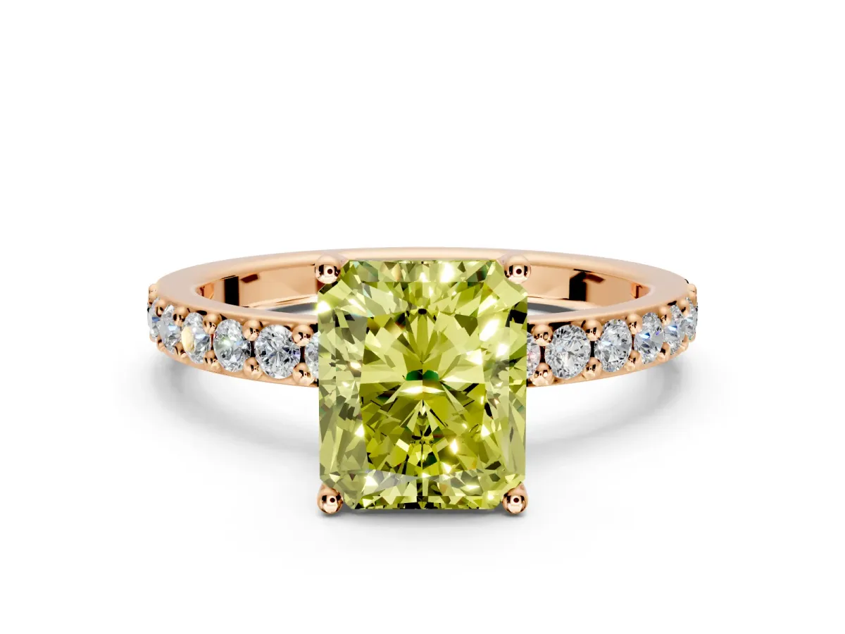 Solitaire Engagement Ring Setting for Fancy Yellow Radiant Cut Center with Round Cut Pave Band and Prong Head in Rose Gold