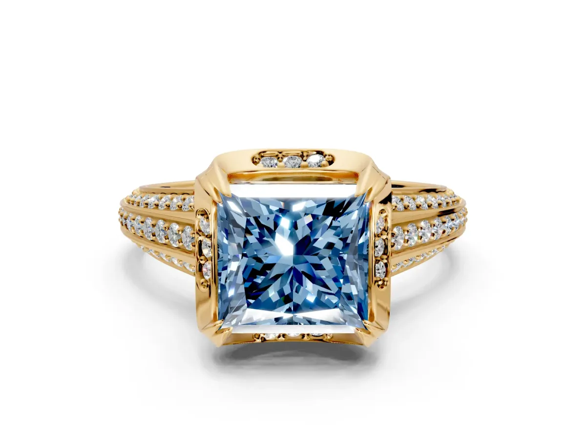 Solitaire Engagement Ring Setting for Fancy Blue Princess Cut Center with Accented Split Shank and Prong Head in Yellow Gold