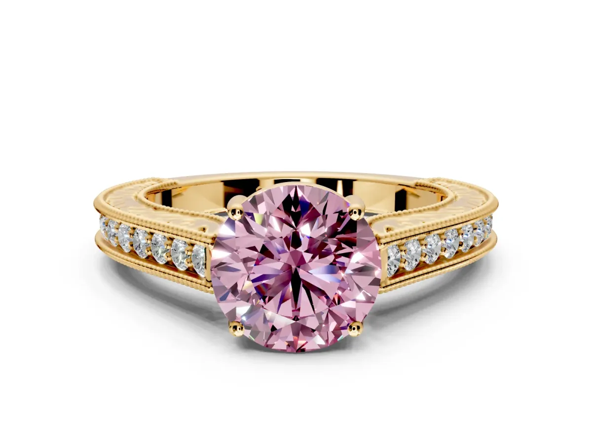 Solitaire Engagement Ring Setting for Fancy Pink Round Cut Center with Engraved Pave Band and Prong Head in Yellow Gold