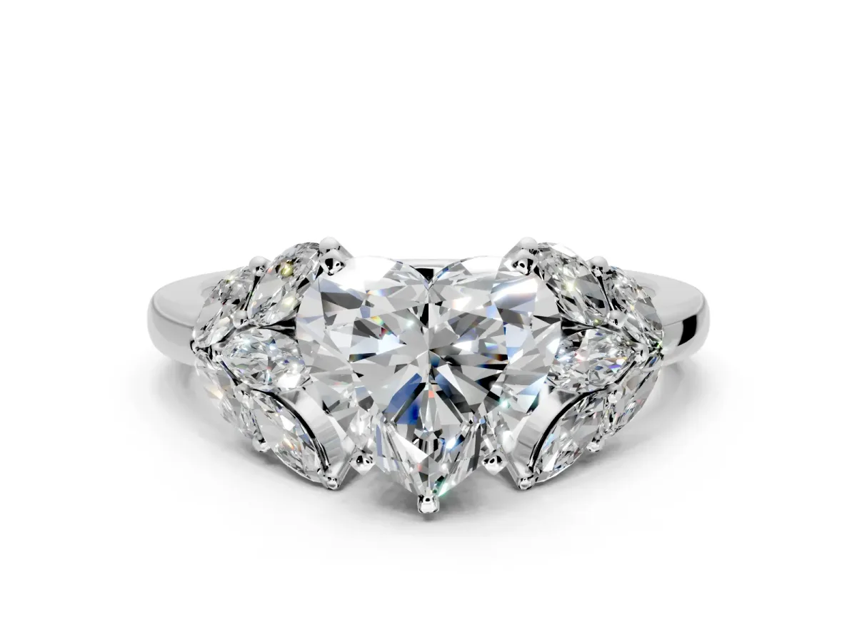 Leaf Cluster Engagement Ring Setting for Heart-Shaped Center with Marquise Accents and Prong Head in Platinum