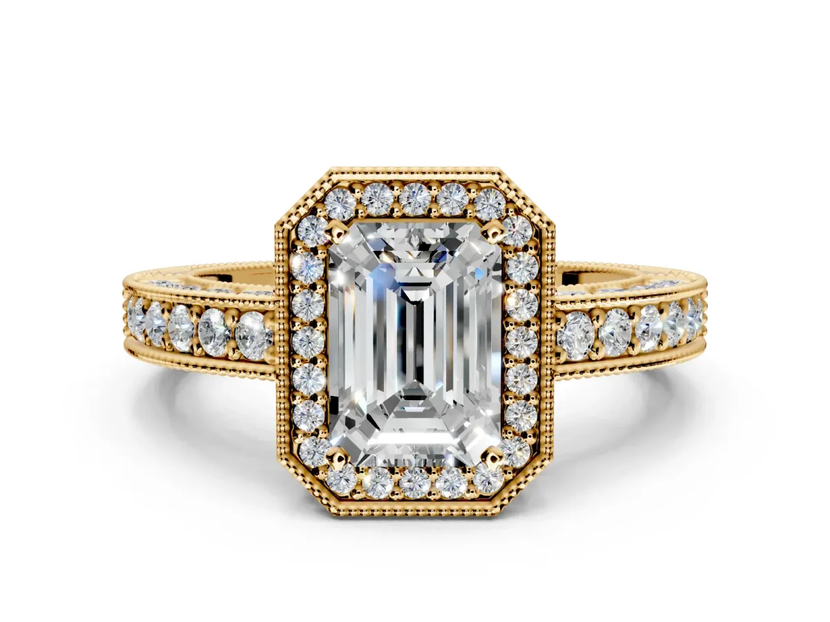 Milgrain Halo Engagement Ring Setting for Emerald Cut Center with Wide Pave Band and Prong Head in Yellow Gold