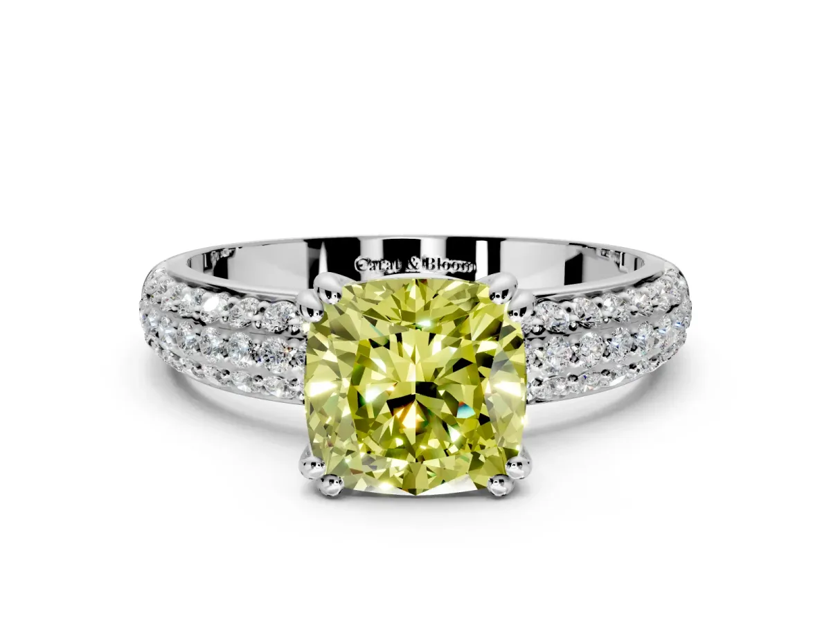Solitaire Engagement Ring Setting for Fancy Yellow Cushion Cut Center with Multi-Row Pave Accents and Basket Head in Sterling Silver