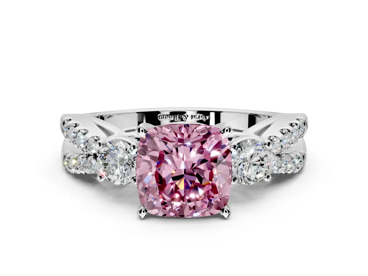 3 Stone Engagement Ring Setting for Fancy Pink Cushion Cut Center with Pave Split Shank and Prong Head in Platinum