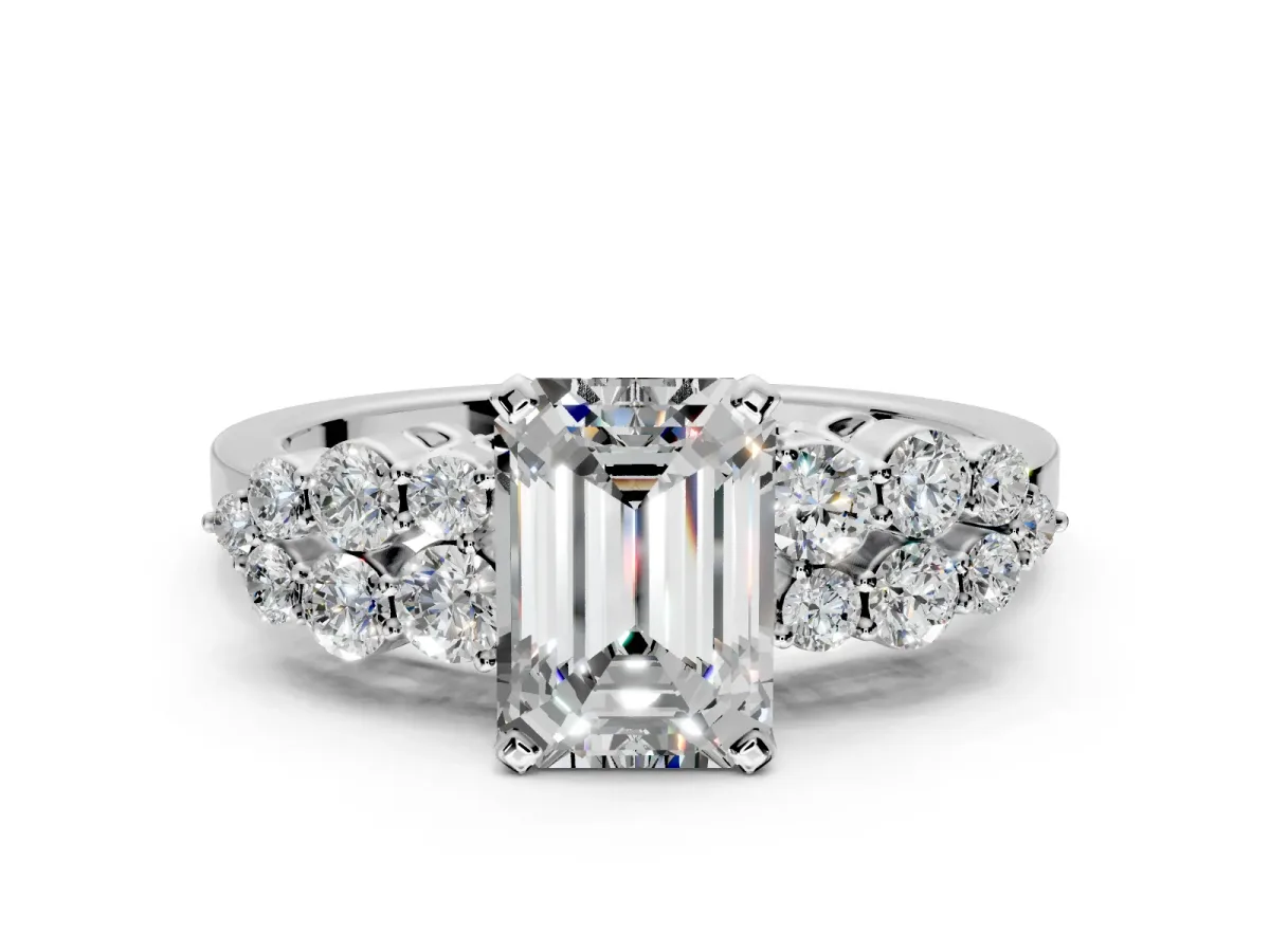 Cluster Engagement Ring Setting for Emerald Cut Center with 2-Row Shoulder Clusters and Prong Head in White Gold