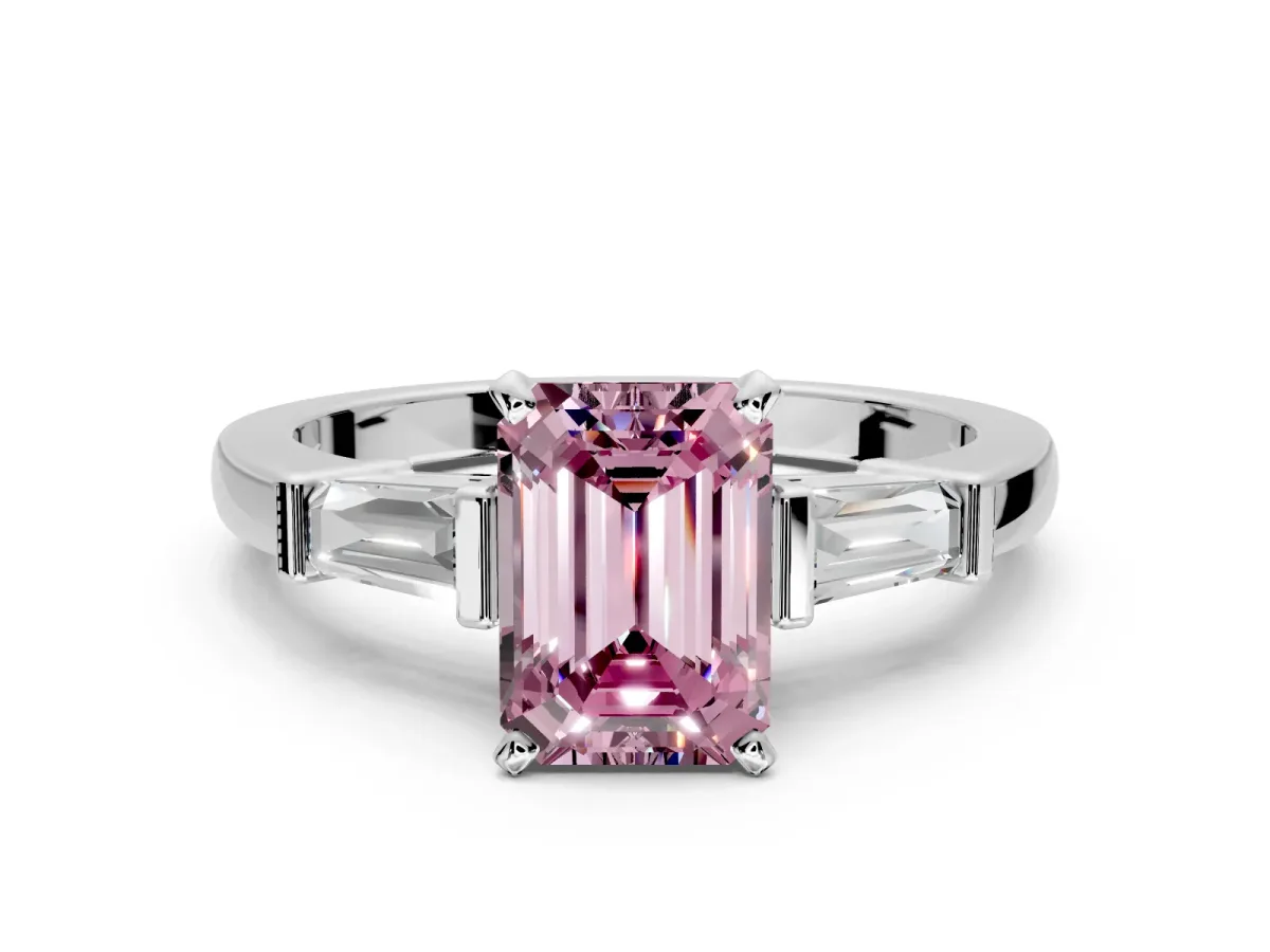3 Stone Engagement Ring Setting for Fancy Pink Emerald Cut Center with Channel Baguette Accents and Prong Head in White Gold