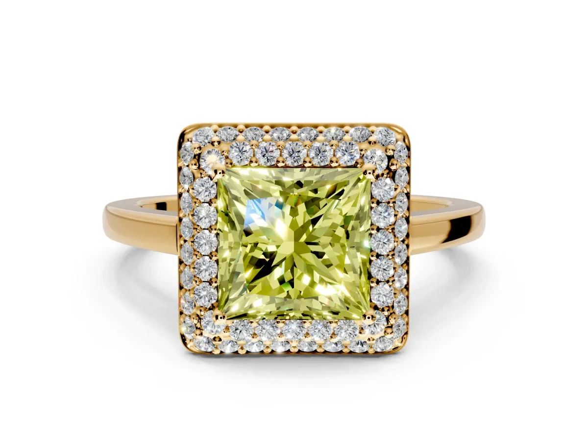 Halo Engagement Ring Setting for Fancy Yellow Princess Cut Center with Plain Tapered Band and Prong Head in Yellow Gold